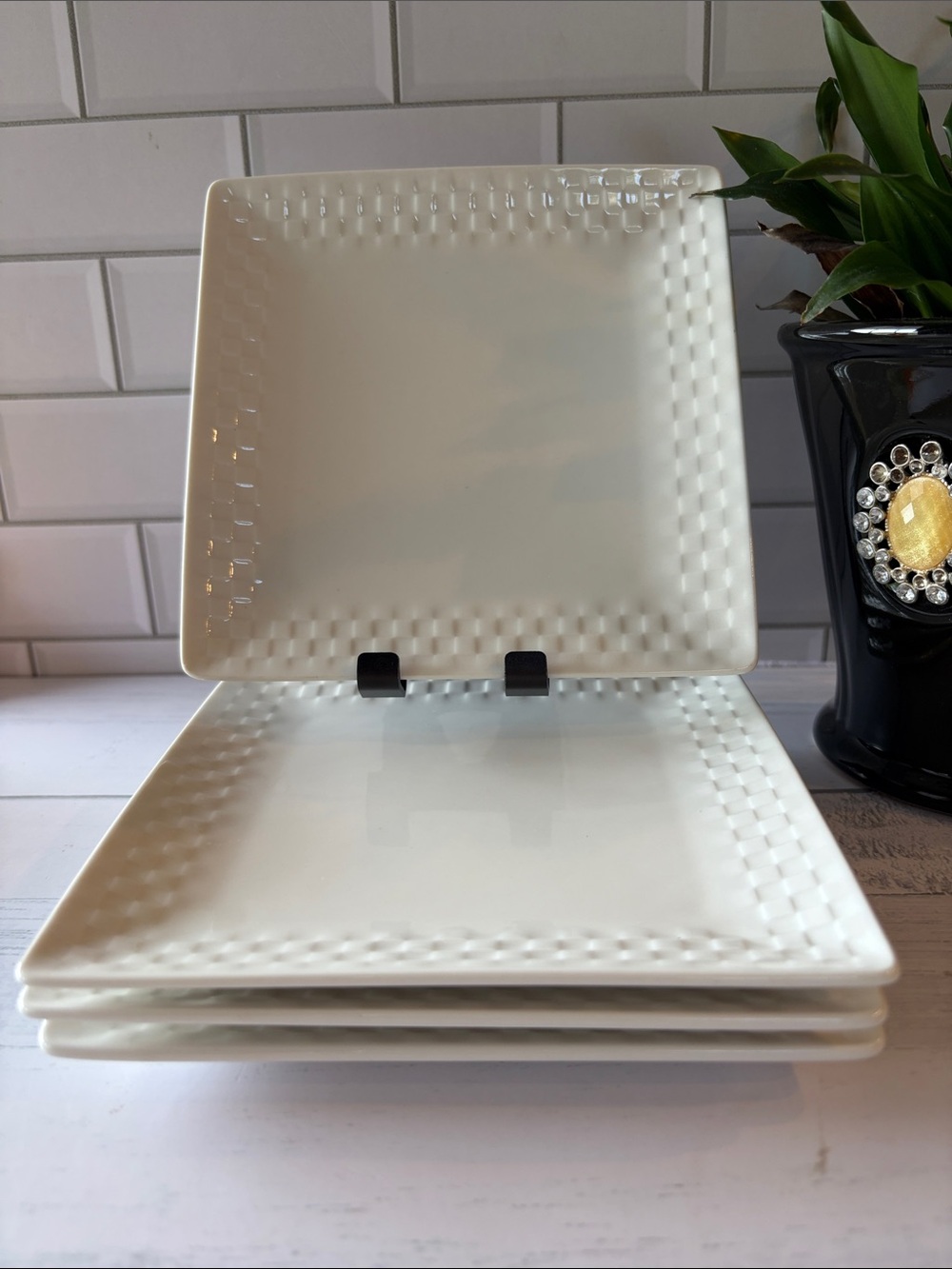 White Textured Square Dessert Plates - Set of 4